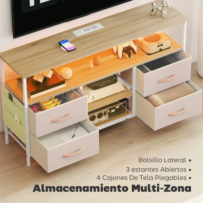 HOMCOM Mueble de TV con Luz LED y Enchufes Puertos USB Estantes Abiertos 4 Cajones plegables 120x30x67,5 cm Beige y Blanco