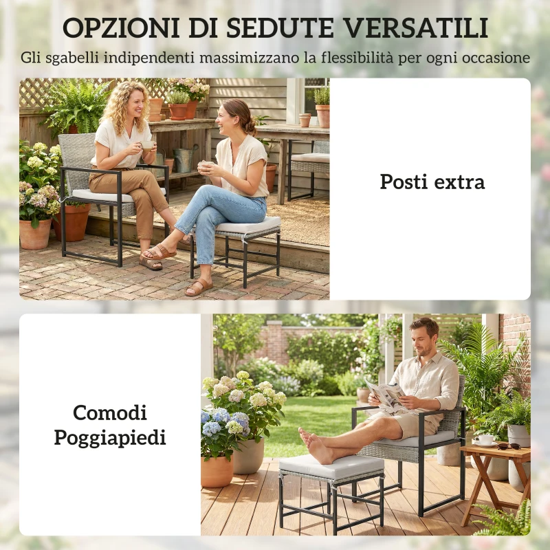 Outsunny Set Pranzo Patio 11 Pezzi, Mobili Esterno Con 6 Poltrone, 4 Pouf, Grigio