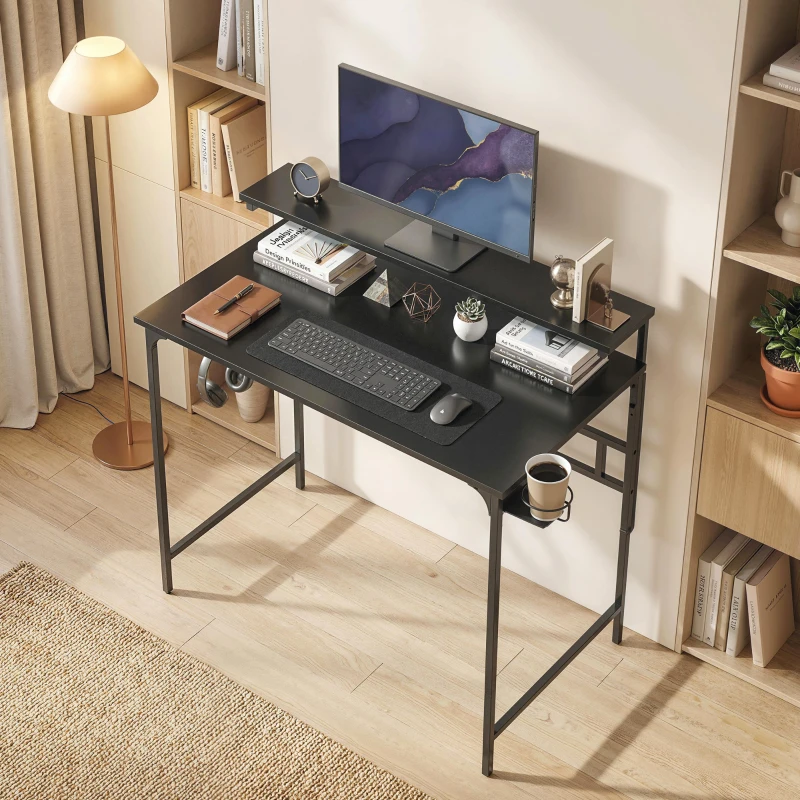 HOMCOM Computer Desk, 80cm Home Office Study Table with Hutch Shelf, Cup Holder, Headphone Hook, Black