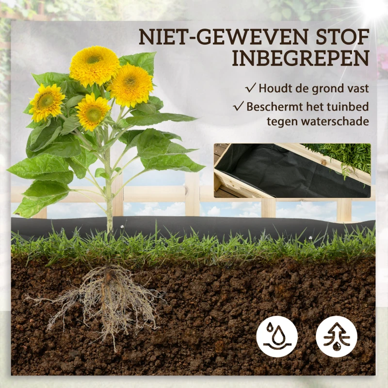 Outsunny Houten verhoogde plantenbak met klimrek, 3 niveaus, natuurlijk houten frame, voering van vliesstof, 95 x 95 x 110 cm(m-4)