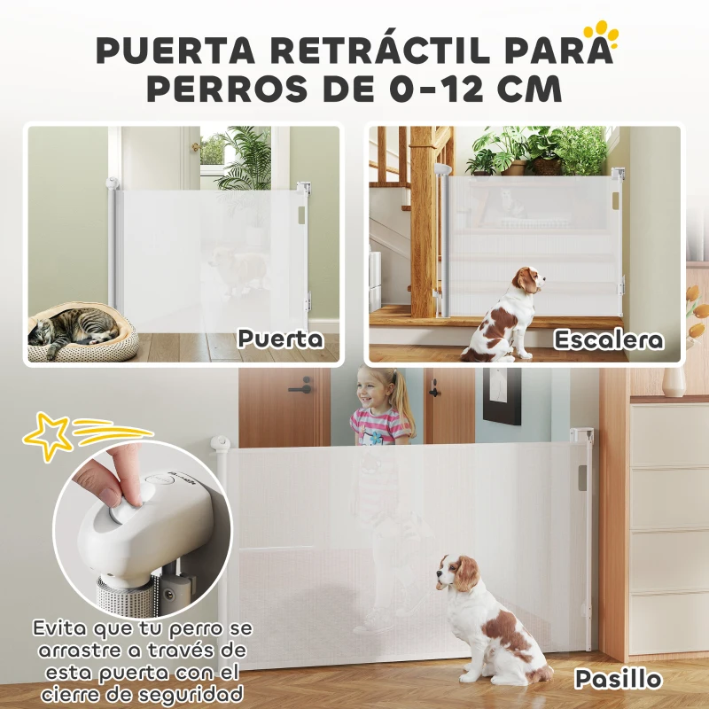 PawHut Barrera para Perros Retráctil 0-140 cm Barrera de Seguridad con Interruptor de Cierr para Puertas y Escaleras Blanco