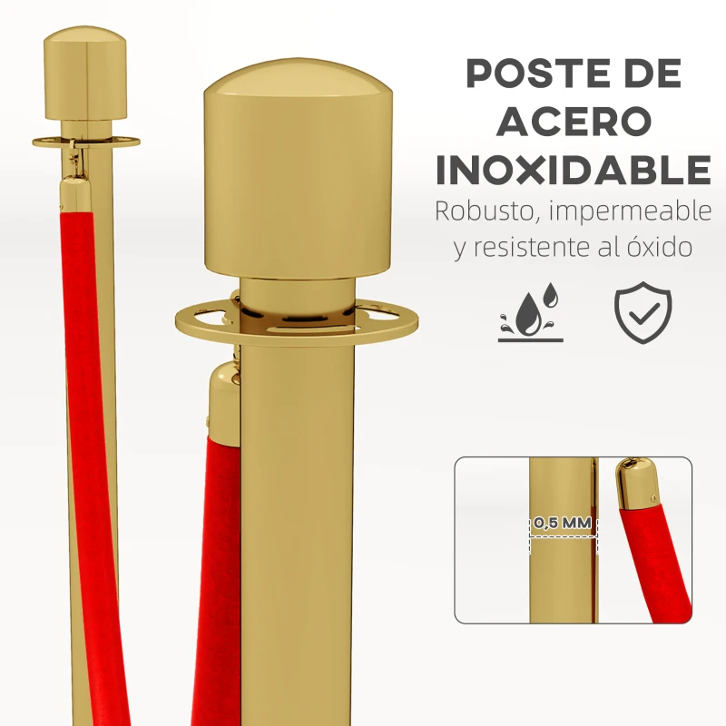 HOMCOM Juego de 2 Postes Separadores de Acero Inoxidable con Cuerda de Terciopelo Roja de 1,5 m y Base Rellenable Dorado