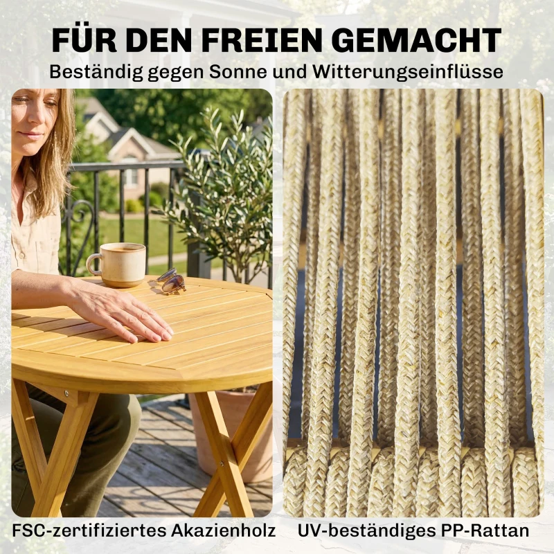 Outsunny Balkonmöbel Set 3 teilig Polyrattan Holz klappbar Gartenmöbel Set mit Tisch 2 Stühle, Atmungsaktiv
