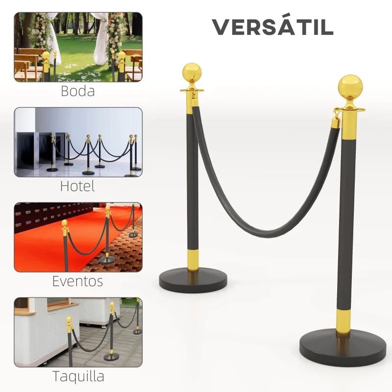 HOMCOM Postes Separadores de Acero Inoxidable de 2 Piezas 96 cm de Altura Base Rellenable Cuerda de Terciopelo Negro