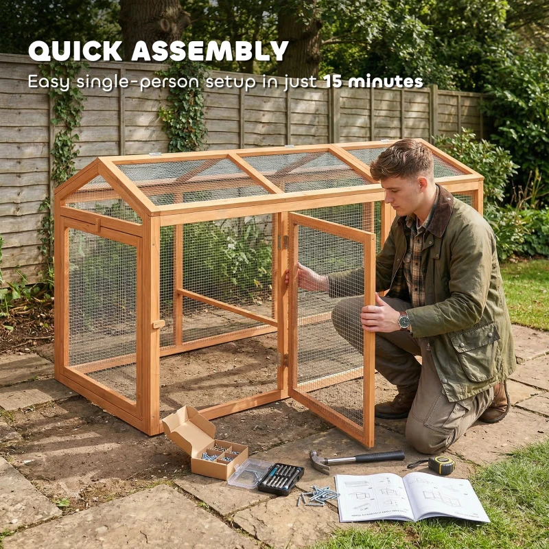 PawHut Corral de exterior con percha y puertas dobles, de madera y metal, para 4 gallinas, 156 x 70,5 x 84 cm Naranja