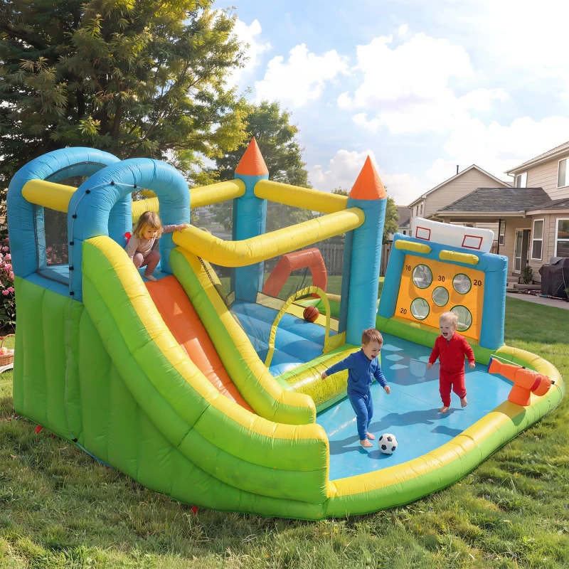 Château gonflable parc aquatique pour enfants, avec toboggan et pataugeoire, pour 3–10 ans, 360x320x200 cm, Multicolore