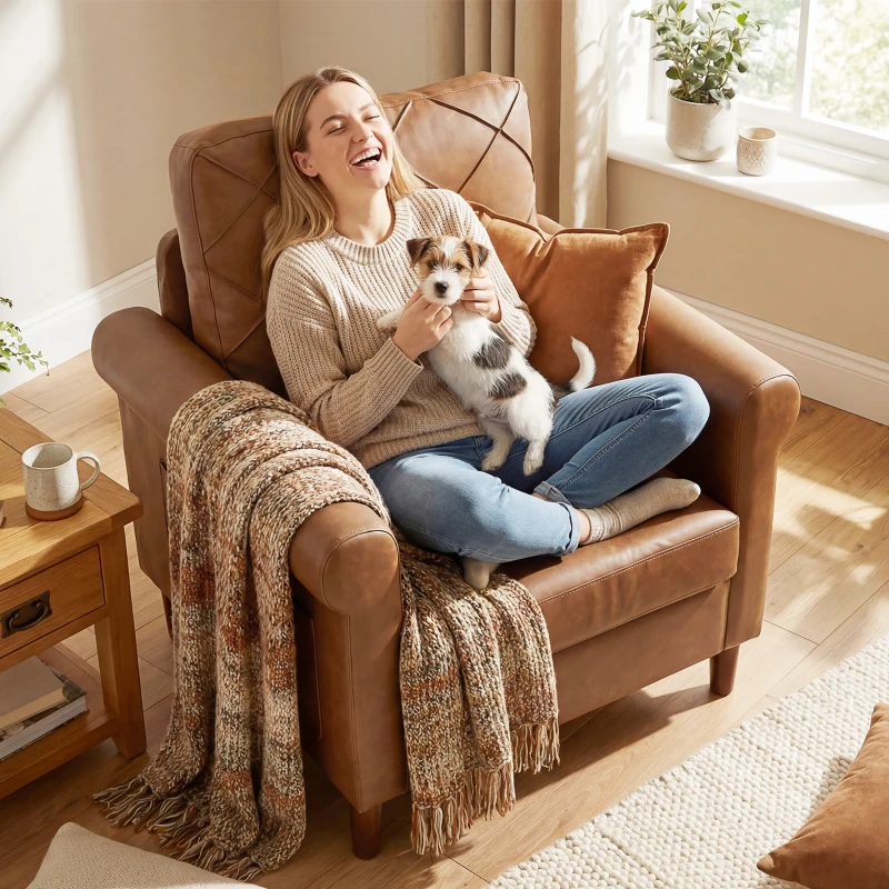 HOMCOM Sofá Individual Tapizado en PU Cojín Grueso Respaldo con Costuras Patas de Madera Maciza Marrón
