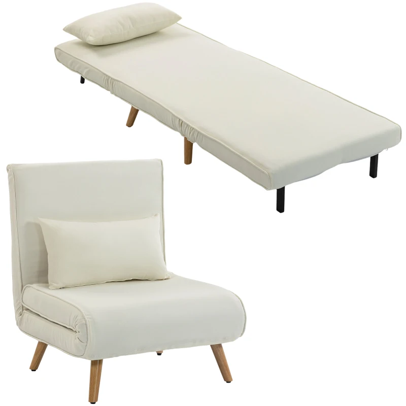 HOMCOM Poltrona conversível 3 em 1 poltrona-cama 1 lugar encosto 5 posições em tecido com almofada, creme