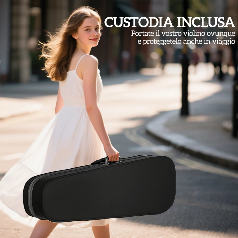 HOMCOM Violino 4/4 in Legno di Abete e Acero con Custodia, Arco, Spalliera e Pece, Nero
