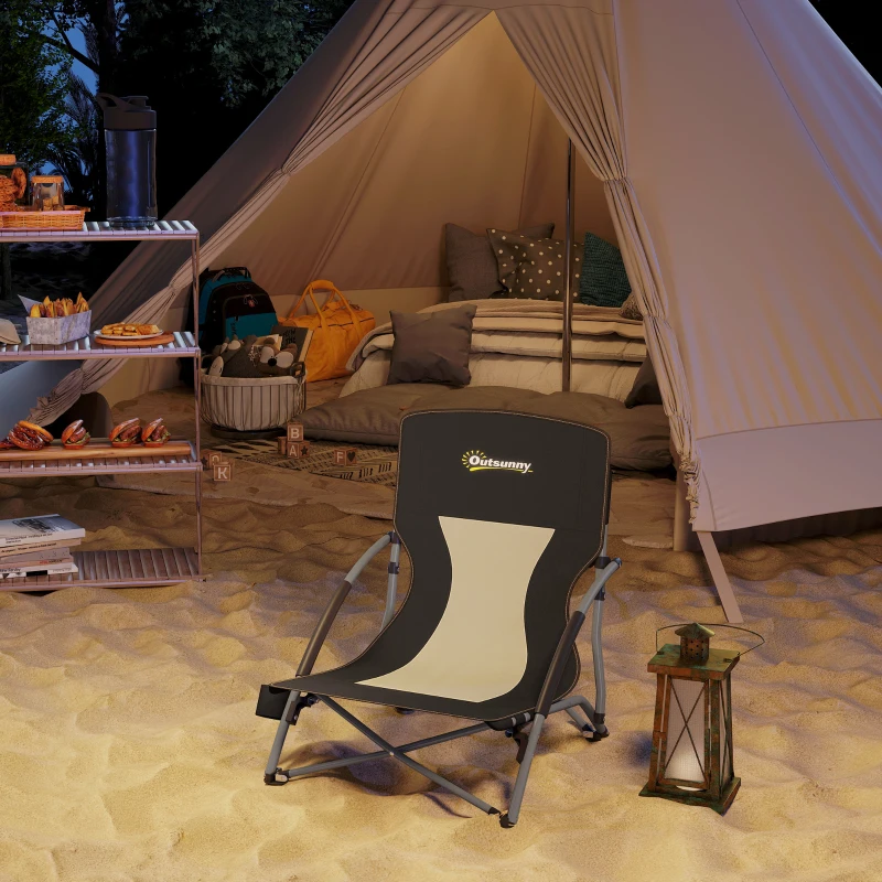 Outsunny Sedia da Spiaggia Pieghevole con Schienale a Rete e Portabicchieri, in Metallo e Tessuto Oxford, 58x55x62 cm, Nero