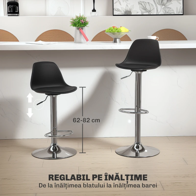 HOMCOM Set 2 Scaune de Bar cu Spătar și Suport pentru Picioare, din PP, Piele PU și Oțel, 38x42x82-104 cm, Negru