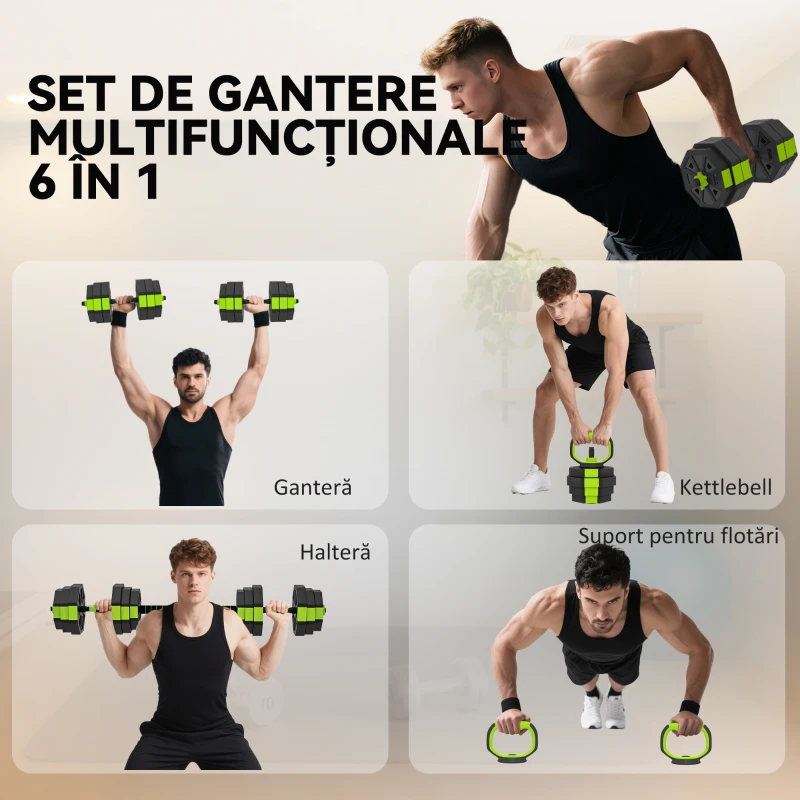 Soozier Set de Ganterele Reglabile 4-în-1, Utilizabil ca Kettlebell, Bară, Ganteră, Suport pentru Flotări, Set Greutăți de 25 kg pentru Bărbați și Femei, Verde
