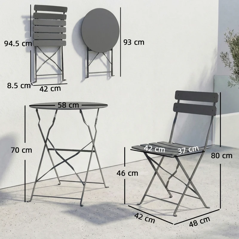 Outsunny Set da giardino 3 pezzi con tavolo e 2 sedie pieghevoli, Grigio