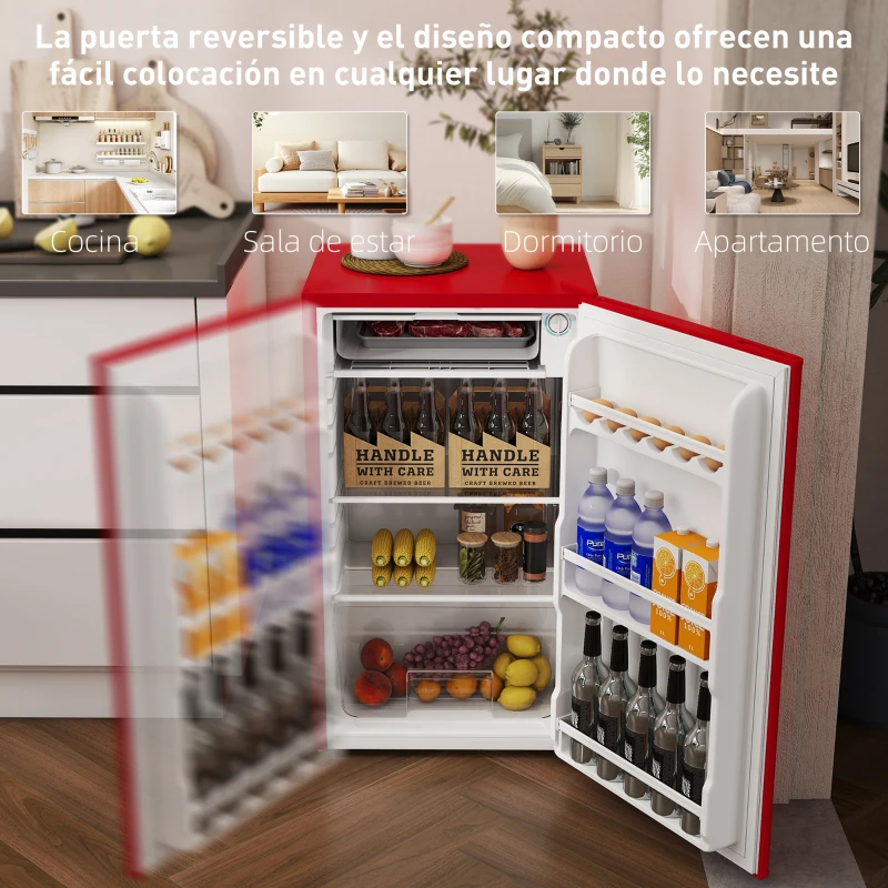 HOMCOM Nevera Pequeña con Congelador 91L Silenciosa Puerta Reversible Temperatura Regulable y Estantes Ajustables Rojo
