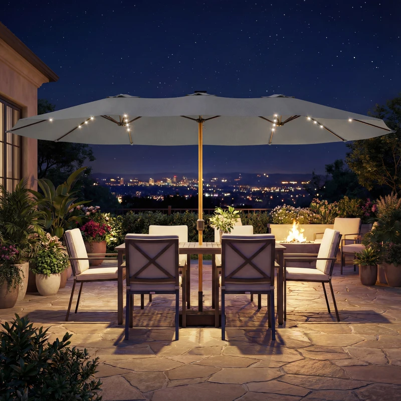 Outsunny Double Sided Garden Parasol with Base Included & 48 Solar LED Lights Patio Umbrella Crank Handle 4.6m Light Grey