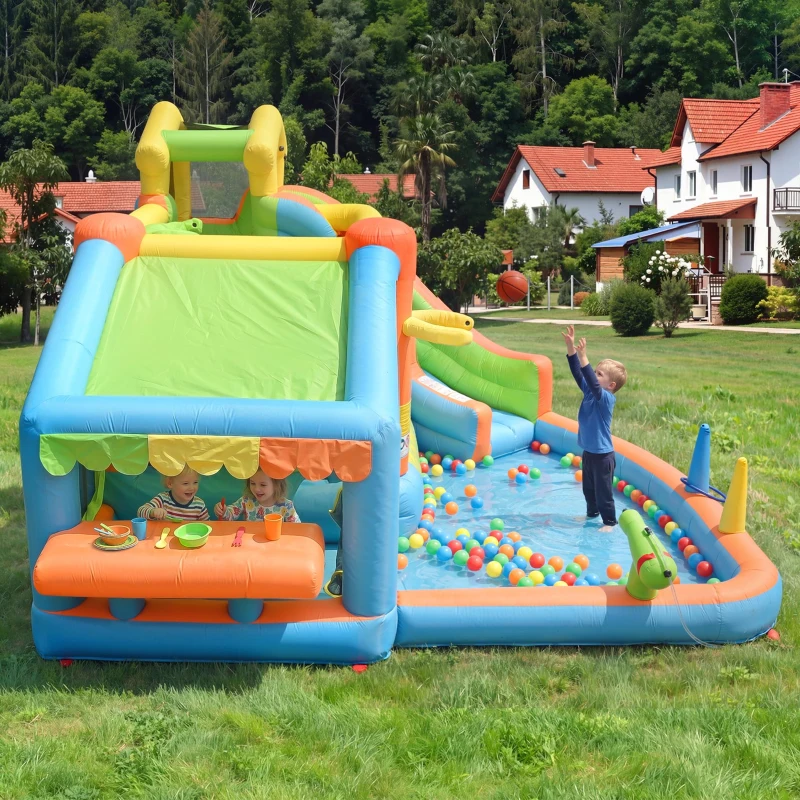 Château gonflable pour enfants avec parc aquatique, toboggan, pataugeoire, cuisine de jeu et jeu d'anneaux, 360x350x210 cm, Multicolore