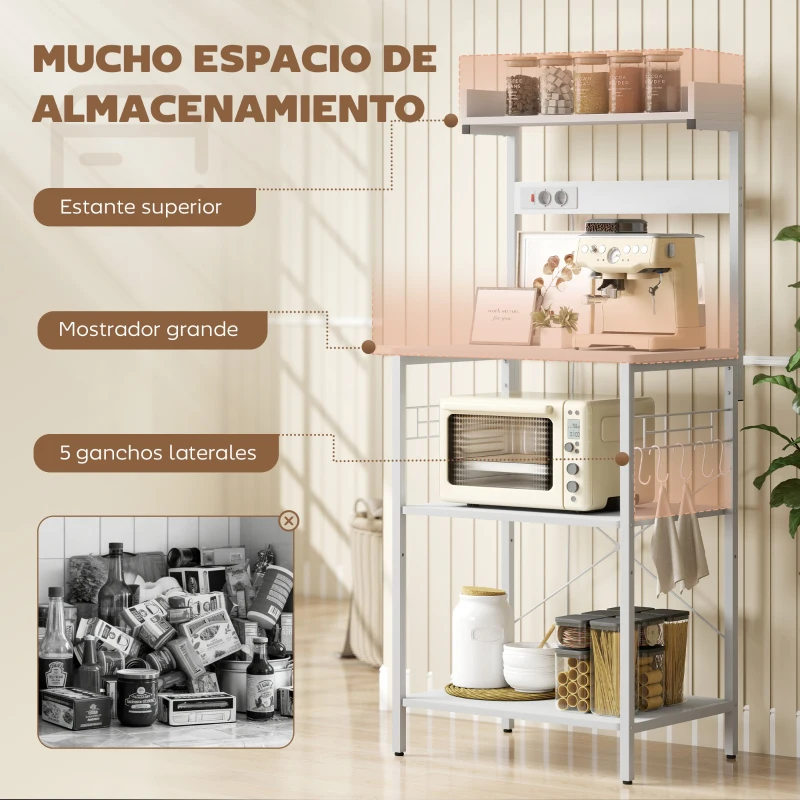HOMCOM Estantería de Cocina con 2 Tomacorrientes Estante para Microondas Estante Ajustable Ganchos 60x42x137 cm Blanco