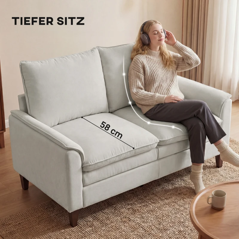 HOMCOM 146 cm Zweisitzer Sofa, Chenille-Sofa mit doppellagiger Polsterung, Federkissen, tiefem Sitz, hoher Rückenlehne, Cremeweiß
