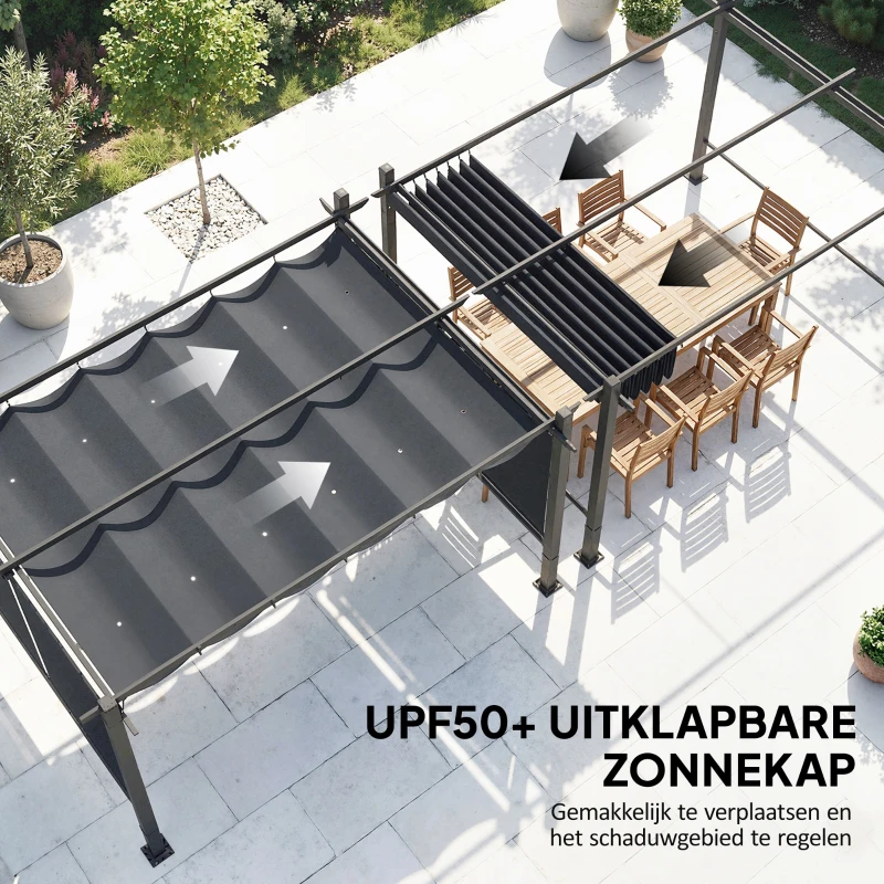 Outsunny Pergola 3 x 4 m terrasoverkapping met schuifdak, automatisch intrekbare rolluiken, UV50+ aluminiumframe