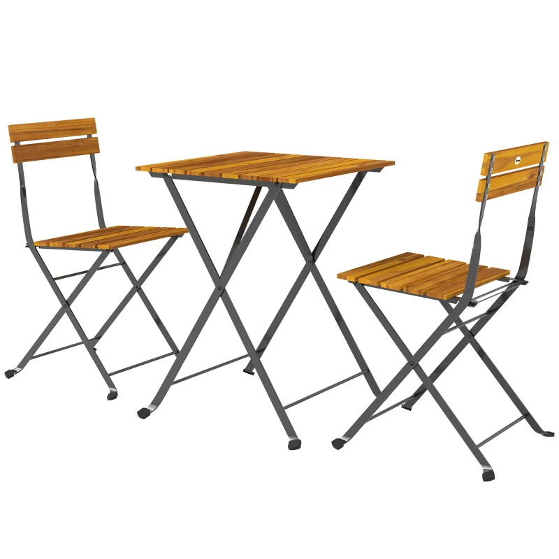 Outsunny Set 3 piese pentru luat masa 2 persoane, masă pliantă cu 2 scaune pliante pentru terasă/balcon Teak