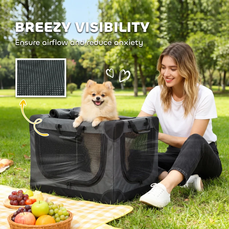 PawHut Soft Dog Crate Pet Travel Crate 60 x 42 x 43 cm with Removable Pad Mesh Window Army Green