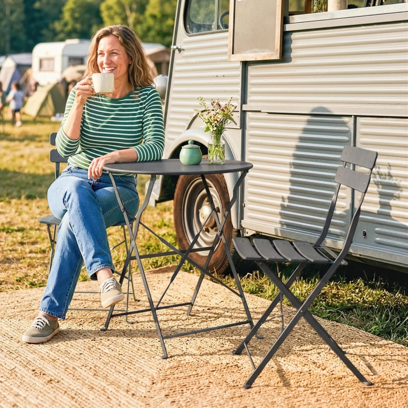 Outsunny 3-teiliges Bistro-Garten-Set Tisch und 2 klappbare Lamellenstühle Doppelschutz gegen Rost Schwarz