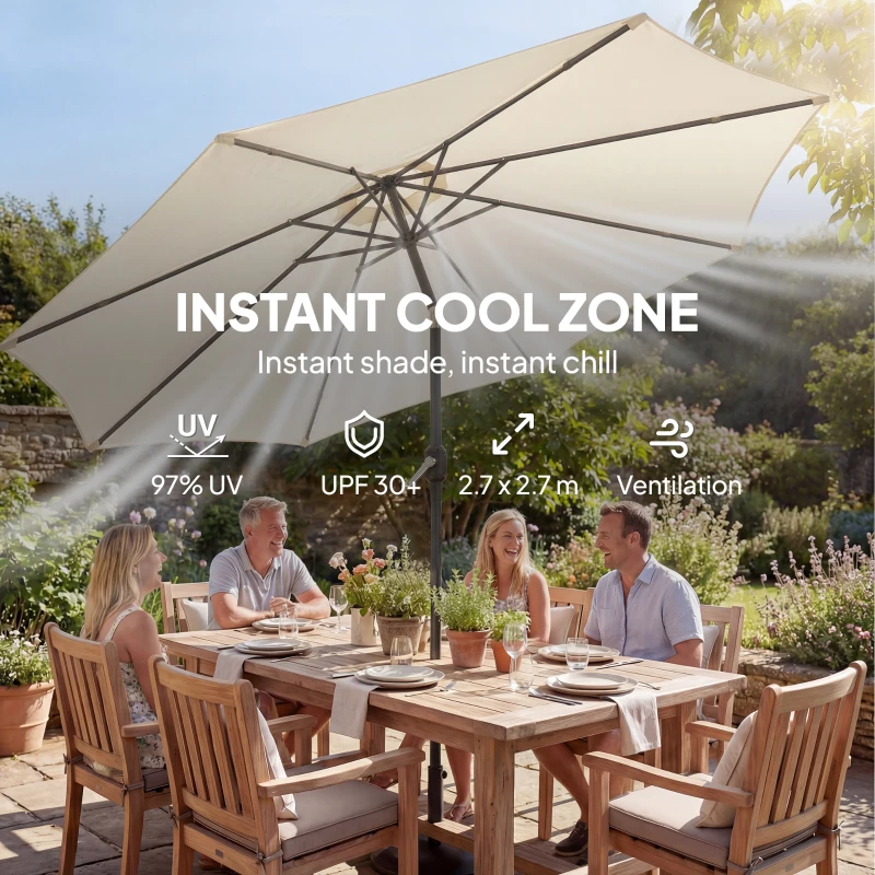 Outsunny 2.7 m Garden Parasol Umbrella with Cross Base and Sandbag, Retractable Ribs, Outdoor Table Market Umbrella, Cream White