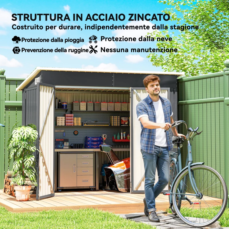 Outsunny Casetta da Giardino in Acciaio con 3 Porte Bloccabili, 234x132x185 cm, Grigio Scuro