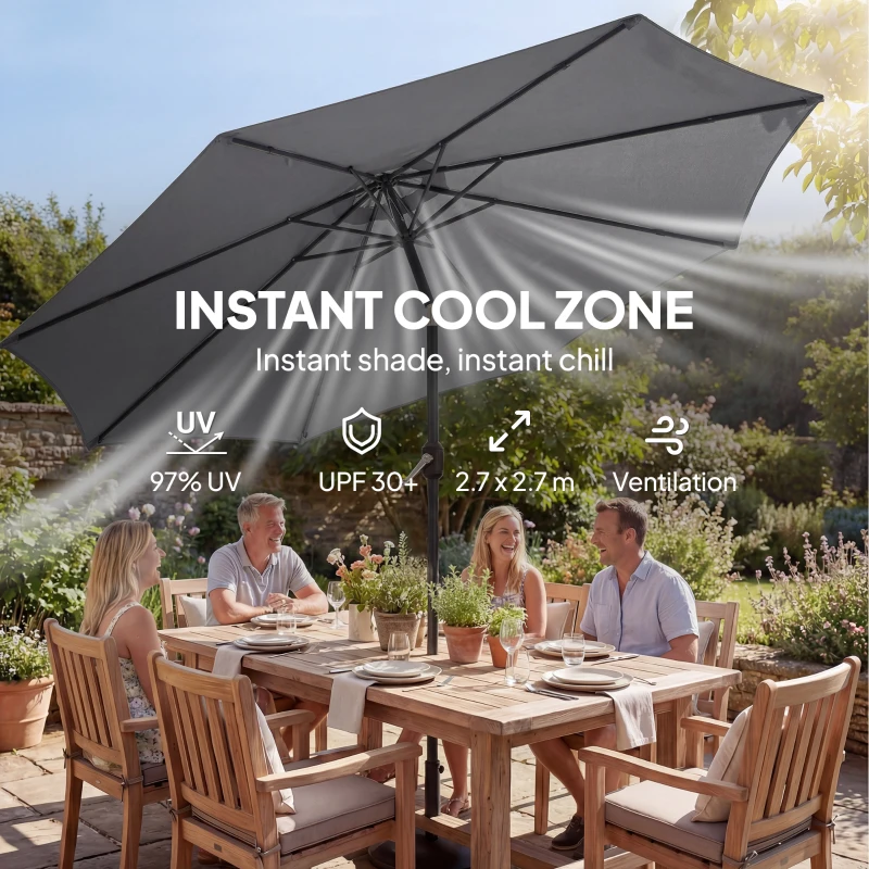 Outsunny 2.7 m Garden Parasol Umbrella with Cross Base and Sandbag, Retractable Ribs, Outdoor Table Market Umbrella, Light Grey