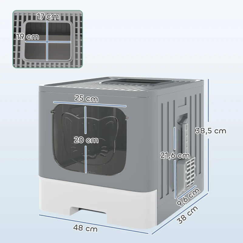 PawHut Arenero para Gatos Plegable M con Tapa Enrejada Bandeja Extraíble Pala Gancho Lateral Fácil de Limpiar Antifugas Gris