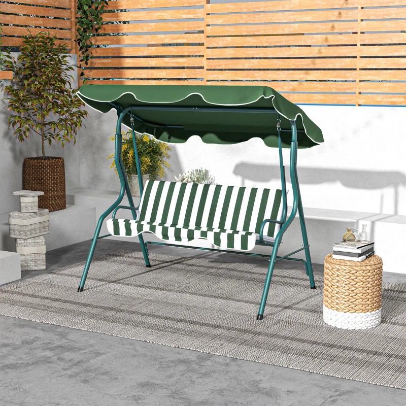 Outsunny Balancelle de Jardin 3 Places Toit imperméabilisé Inclinaison réglable Coussins Assise Dossier Vert Blanc rayé