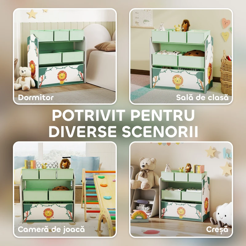 AIYAPLAY Raft Portabil pentru Jucării Copii cu 3 Niveluri și 6 Containere Detașabile din Material Textil, Mobilier pentru Cameră Copii, Sufragerie și Spațiu de Joacă, Verde