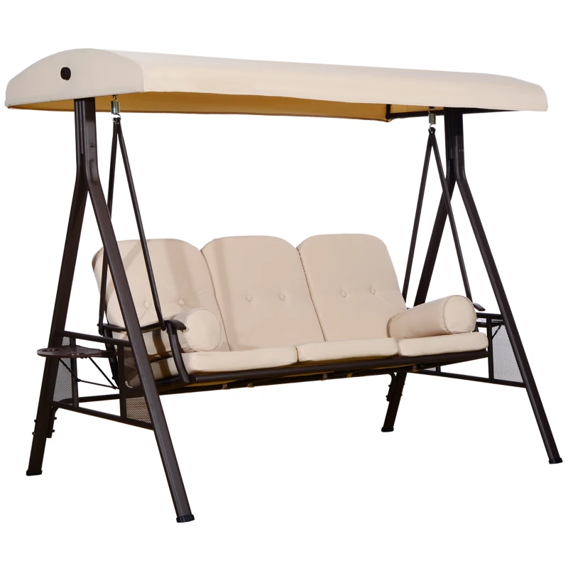 Outsunny Balancelle de Jardin 3 Places Grand Confort Toit Inclinaison réglable Coussins Plateaux rétractables 121x208x172cm beige