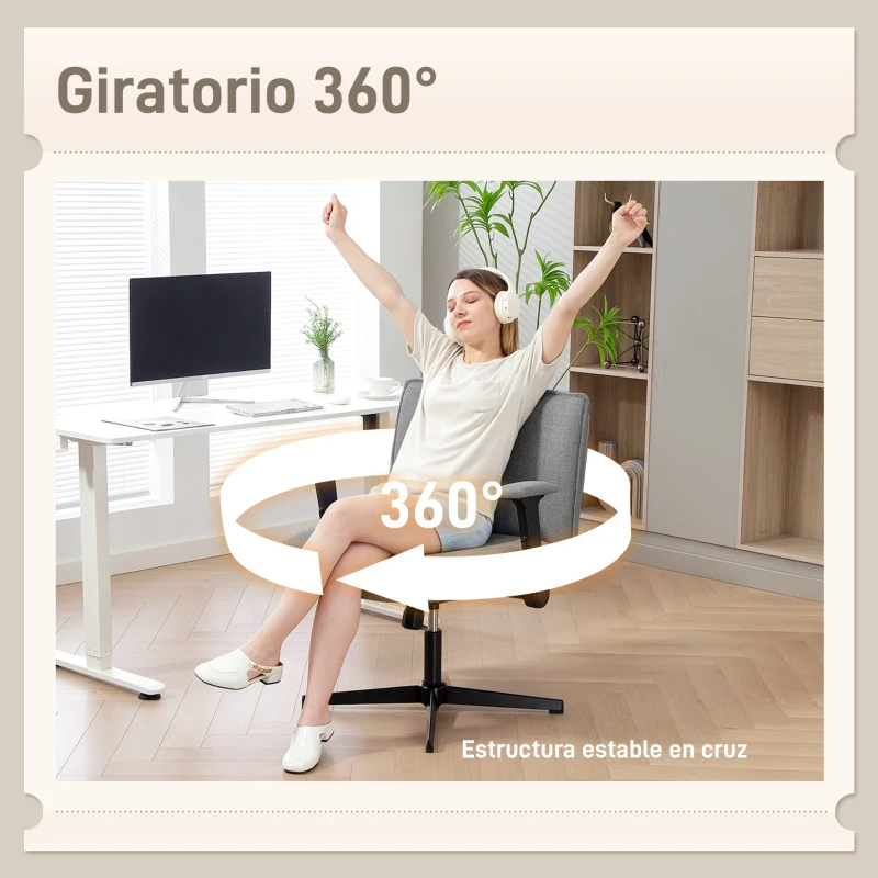 HOMCOM Silla de Oficina Piernas Cruzadas con Reposabrazos Abatible Asiento Ancho sin Ruedas Altura Ajustable Giratoria Gris