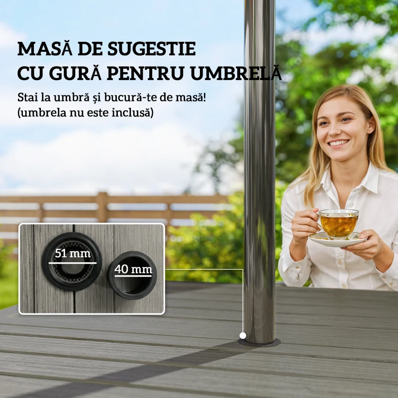 Outsunny Set de Grădină 5 piese din Oțel cu 4 Scaune Stivuibile și Masă cu Orificiu Central și Raft Inferior, Gri