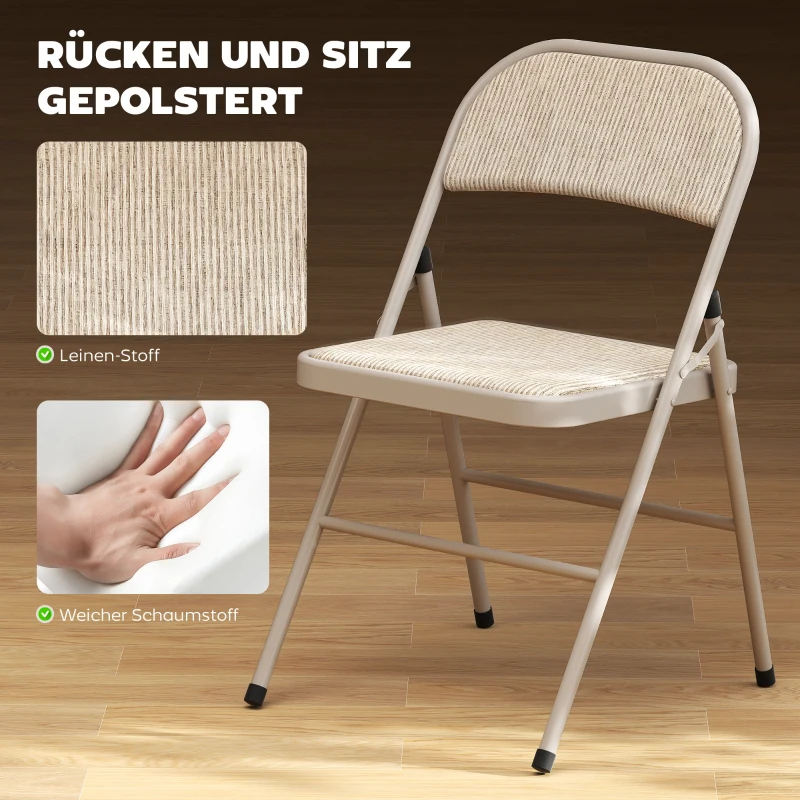 HOMCOM 2er-Set Klappstühle, Tragbare Bürostühle, Metallbeine, Faltstuhl für Büro, Empfang, Wartezimmer, Leinenoptik, Beige