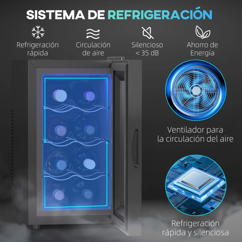 HOMCOM Vinoteca 8 Botellas con Doble Refrigeración Termoeléctrica Temperatura Ajustable 8-18℃ Puerta de Vidrio Negro