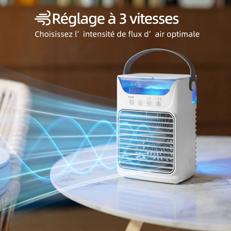 HOMCOM Climatiseur portable, mini rafraîchisseur d'air 4 en 1, 3 vitesses, 2 modes brumisation, éclairage LED RGB 7 LED, blanc