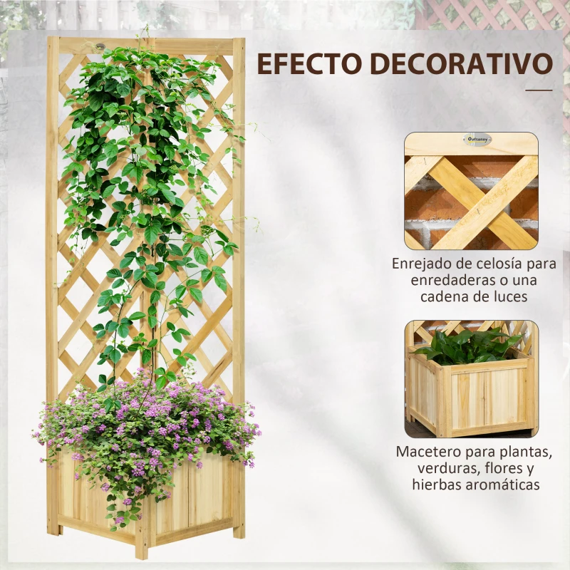 Outsunny Jardinera con Enrejado de Madera Macetero Exterior para Esquina para Plantas Trepadoras 40x40x145 cm Natural
