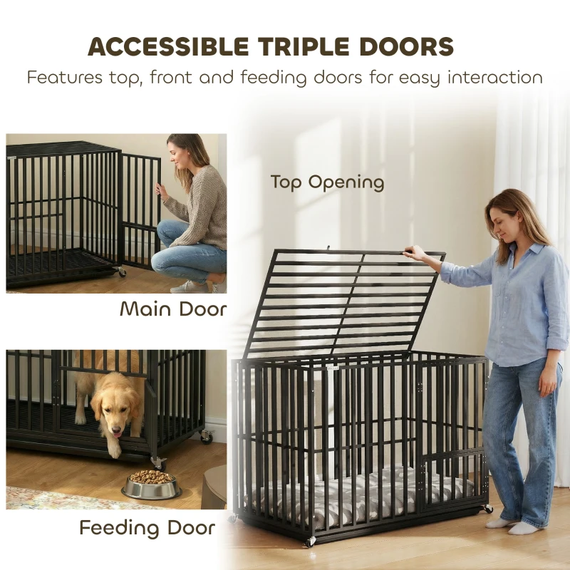 PawHut Heavy Duty Dog Crate, Dog Cage with Wheels for Medium Large Breeds, Metal Pet Kennel with Removable Tray