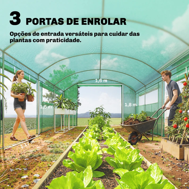 Outsunny Estufa Tipo Túnel 6x3x2 m com 3 Portas Enroláveis 6 Janelas com Rede e Estrutura de Aço Galvanizado Verde