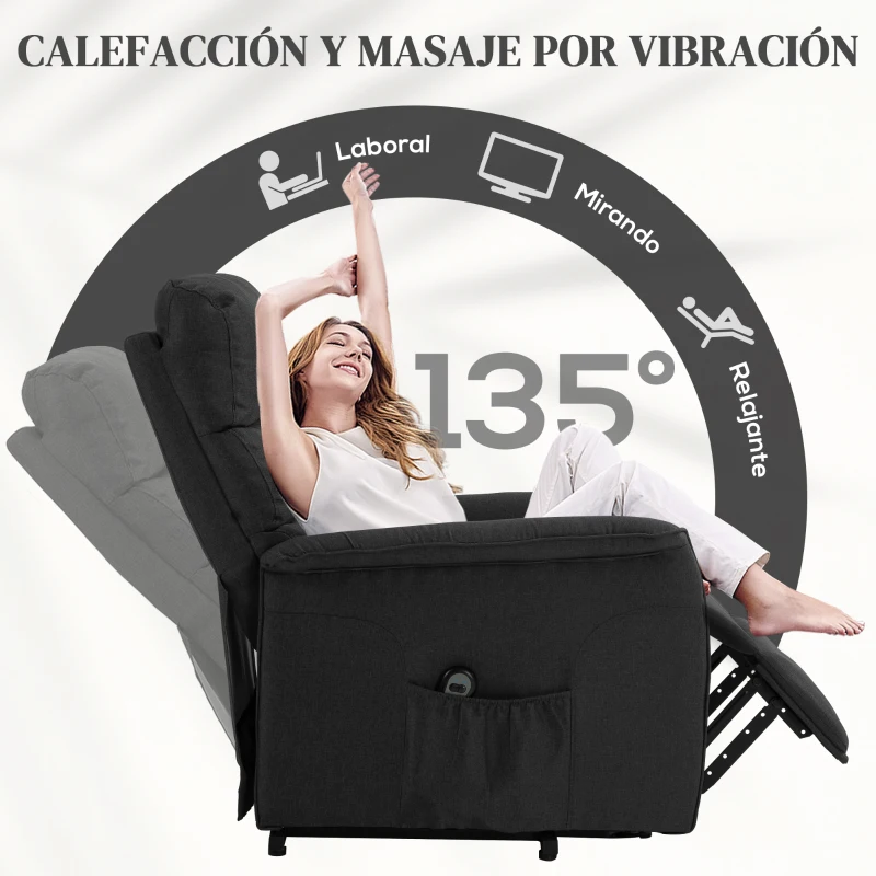 HOMCOM Sillón Relax Reclinable Eléctrico Levanta Personas con Mando a Distancia y Bolsillo Lateral Tapizado en Lino Negro
