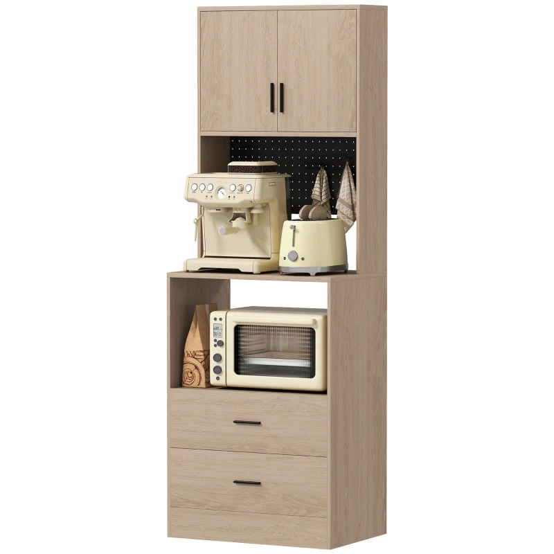 HOMCOM Móvel para micro-ondas, buffet, 2 gavetas, 2 portas, bancada, prateleira ajustável, painel perfurado, 4 ganchos, natural