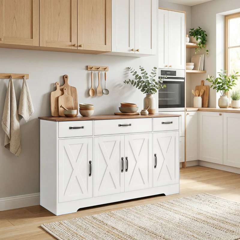 HOMCOM Bufet, mobilier de depozitare pentru bucătărie în stil rustic cu 4 uși tip hambar, 3 sertare, etajere reglabile, alb