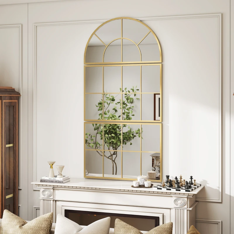 HOMCOM Miroir mural arqué miroir mural en forme de fenêtre ensemble de 3 pièces cadre en métal 76 x 150 cm doré