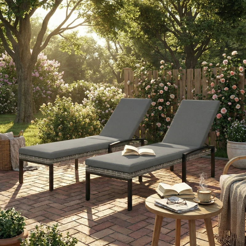 Outsunny Set 2 lettini prendisole in polyrattan con schienale regolabile, Grigio chiaro