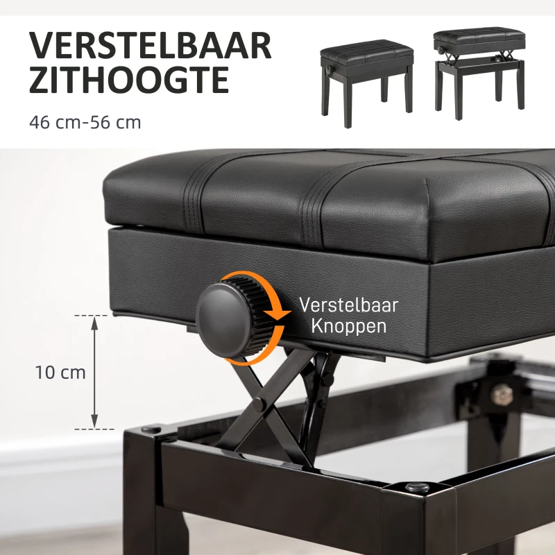 HOMCOM Pianobank met verborgen opbergruimte, zithocker, in hoogte verstelbaar, kunstleer, zwart(m-6)