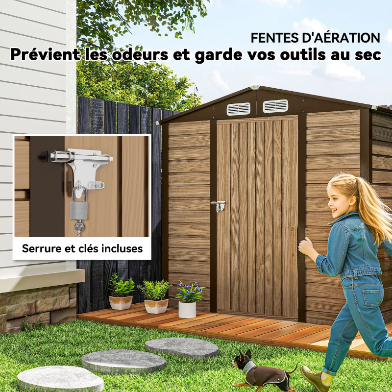 Outsunny Abri de Jardin 2,27 m² gants inclus porte verrouillable ventilations acier galvanisé 190 x 131 x 188 cm chêne