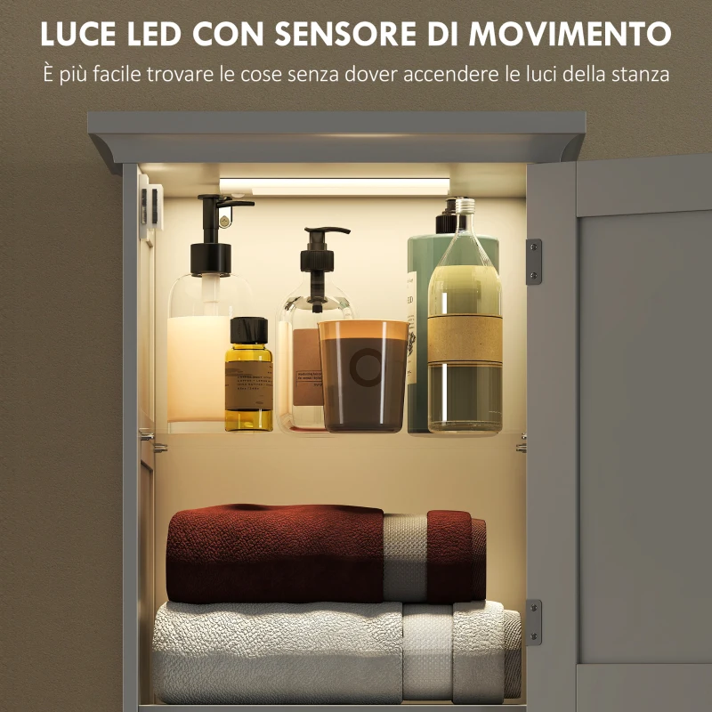 HOMCOM Mobile Colonna Bagno in Legno con 2 Armadietti con Sensore, Ripiano Aperto e Cassetto, 40x30x170 cm, Bianco