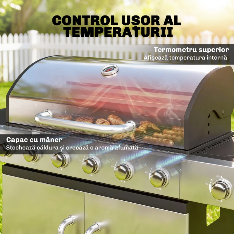 Outsunny Grătar pe Gaz, 6 Arzătoare, Arzător Lateral, Grilaj din Fontă, Dulap Inclus